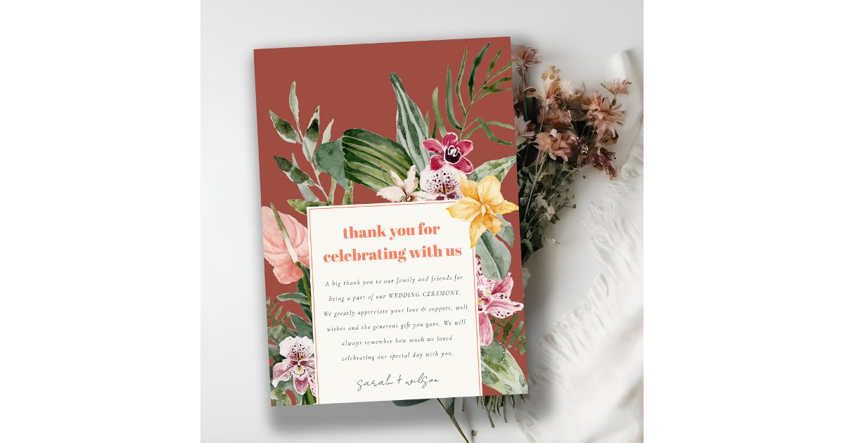 Elegant Brown Blush Boho Tropical Floral Wedding Thank You Card | Zazzle
