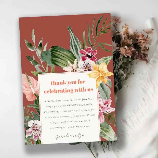 Elegant Brown Blush Boho Tropical Floral Wedding Thank You Card | Zazzle