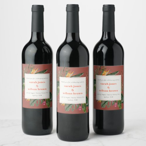 Elegant Brown Blush Boho Tropical Floral Wedding Wine Label