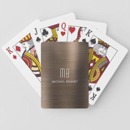 Elegant Brown Brushed Metallic Monogram Name Poker Cards