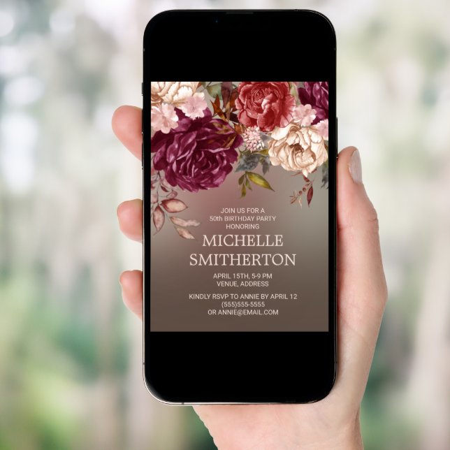Elegant Brown Burgundy Ivory Floral 50th Birthday Invitation (Front Digital)