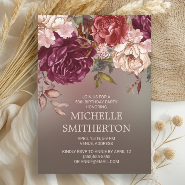 Elegant Brown Burgundy Ivory Floral 50th Birthday Invitation (Burgundy and cream floral on brown fall-colored 50th birthday party invitation)