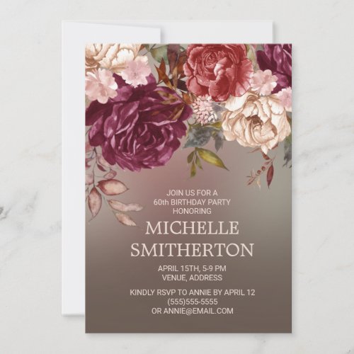 Elegant Brown Burgundy Ivory Floral 60th Birthday Invitation