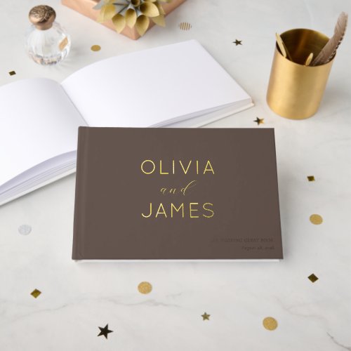 Elegant Brown Calligraphy With Stars Foil Guest Book