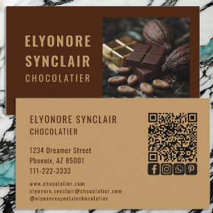 Elegant Brown Caramel Chocolatier Photo Social QR  Business Card