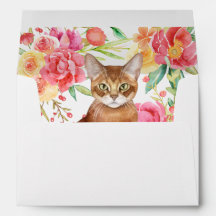 Elegant Brown Cat and Watercolor Flowers