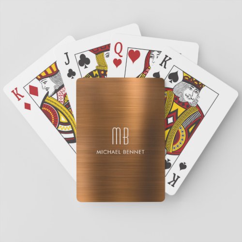 Elegant Brown Copper Brushed Metallic Monogram Playing Cards
