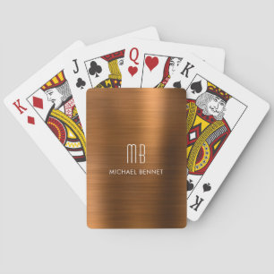 Elegant Brown Copper Brushed Metallic Monogram Poker Cards