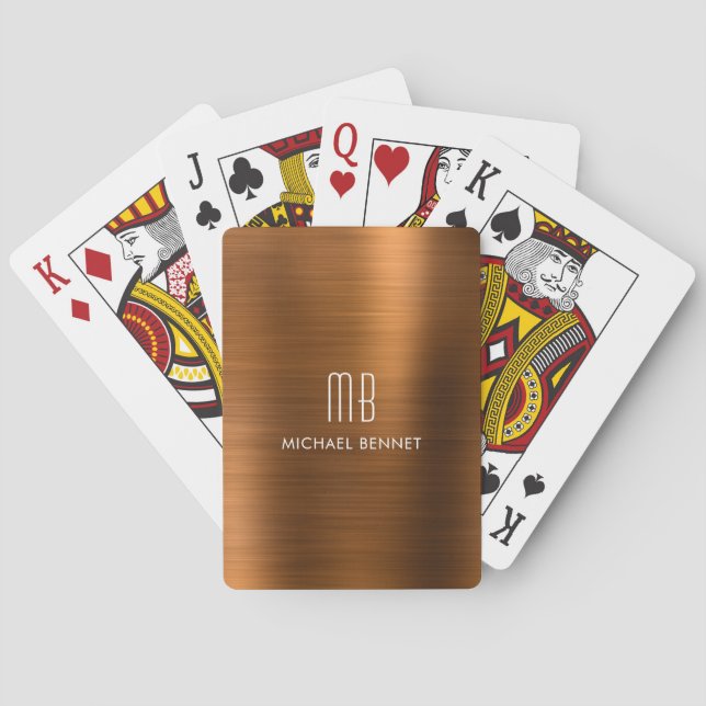 Elegant Brown Copper Brushed Metallic Monogram Poker Cards (Back)