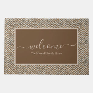 Elegant brown cream chevron script name doormat