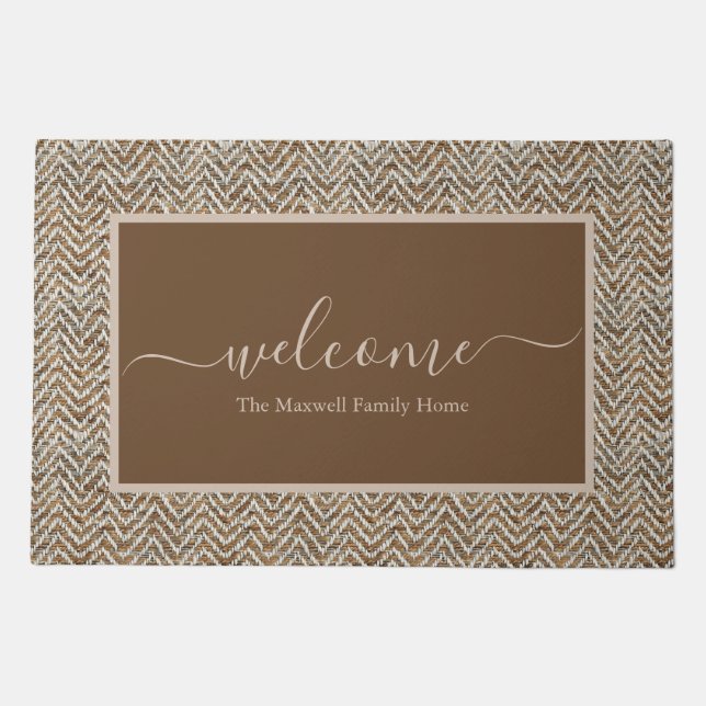 Elegant brown cream chevron script name doormat (Front)