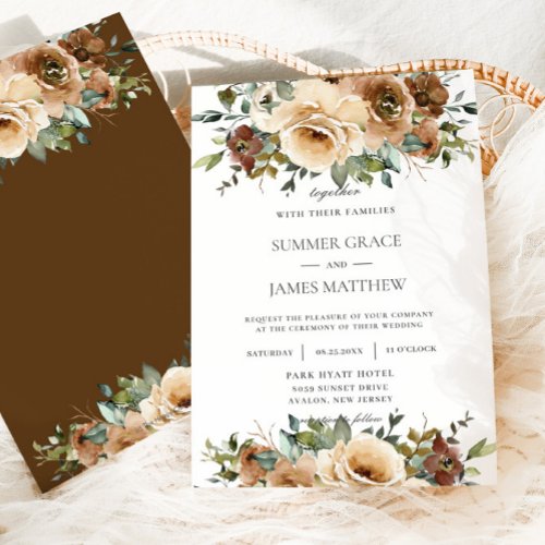 Elegant Brown Cream Roses Floral Greenery Wedding Invitation