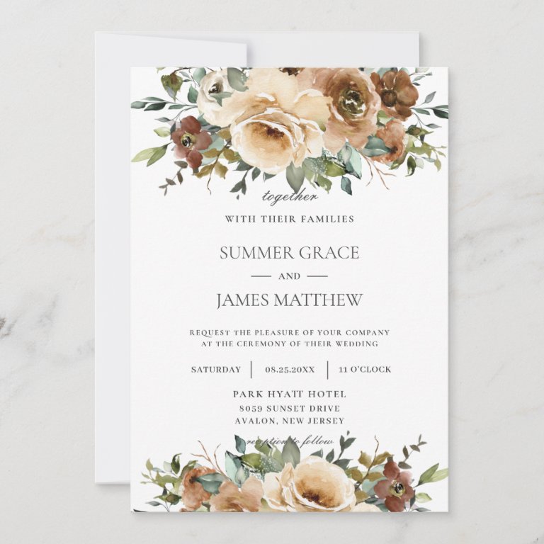 Elegant Brown Cream Roses Floral Greenery Wedding                    Invitation