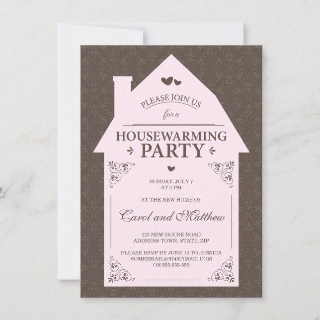 Elegant brown damask pale pink house housewarming invitation (Front)