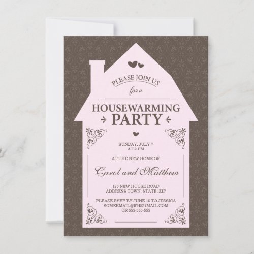 Elegant brown damask pale pink house housewarming announcements
