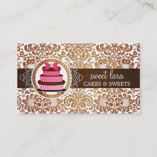 Customizable Elegant Brown Damask Pink Cake Diamond Bakery Business Card