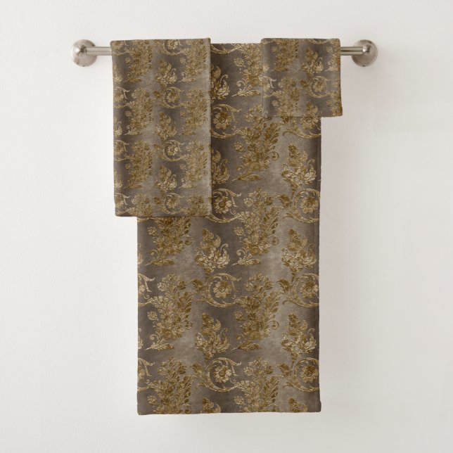 Elegant Brown Damask Pretty Bathroom Bath Towel Set (Insitu)