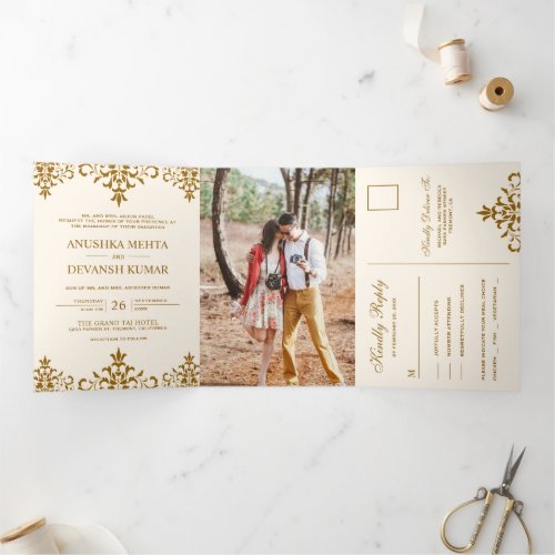 Elegant Brown Damask Traditional Indian Wedding Tri_Fold Invitation