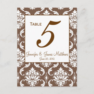 Elegant Brown Damask Wedding Table Number