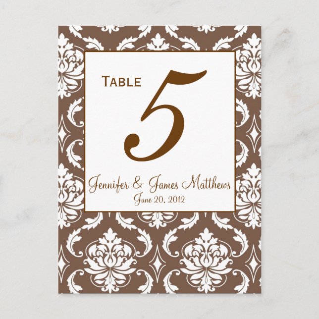 Elegant Brown Damask Wedding Table Number (Front)