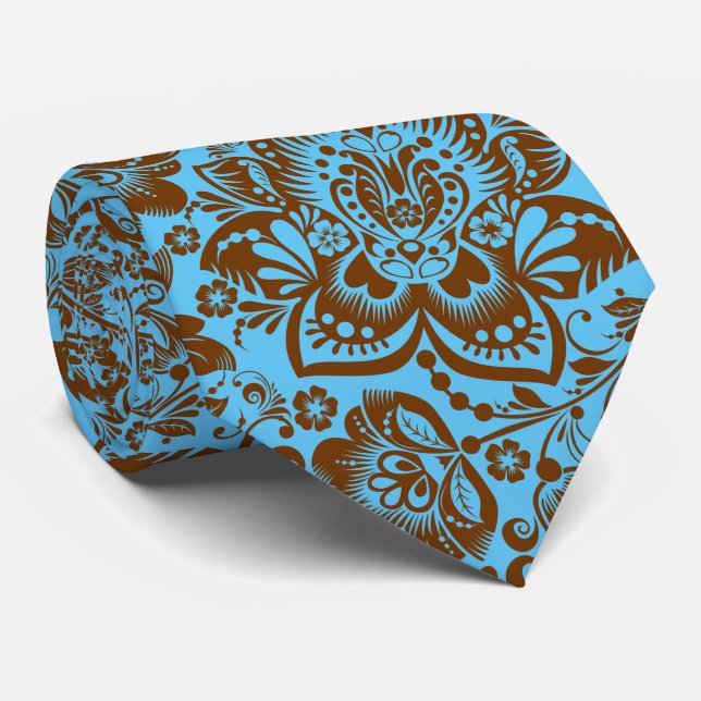 Elegant Brown Damasks & Sky Blue Background Neck Tie (Rolled)