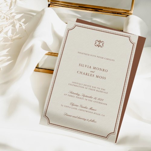 Elegant Brown  Ecru Classic Monogram Wedding Invitation