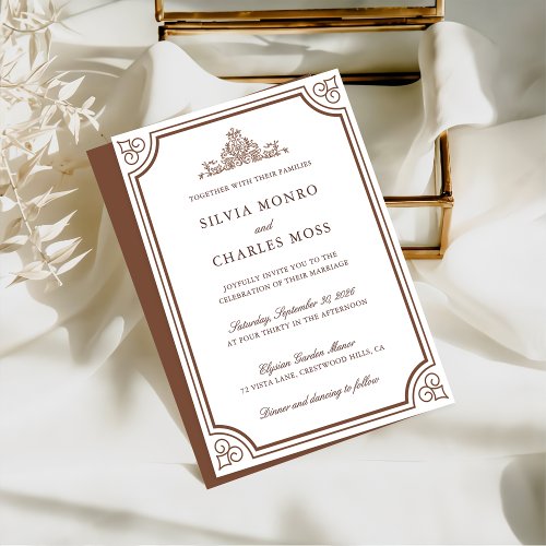 Elegant Brown  Ecru Classic Script Wedding Crest  Invitation