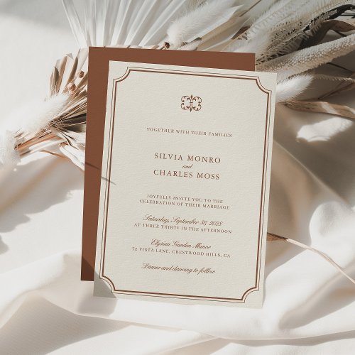 Elegant Brown  Ecru Classic Script Wedding Crest Invitation