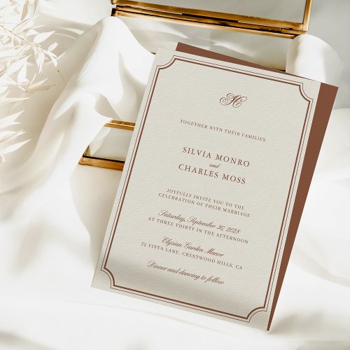 Elegant Brown  Ecru Classic Script Wedding Invitation