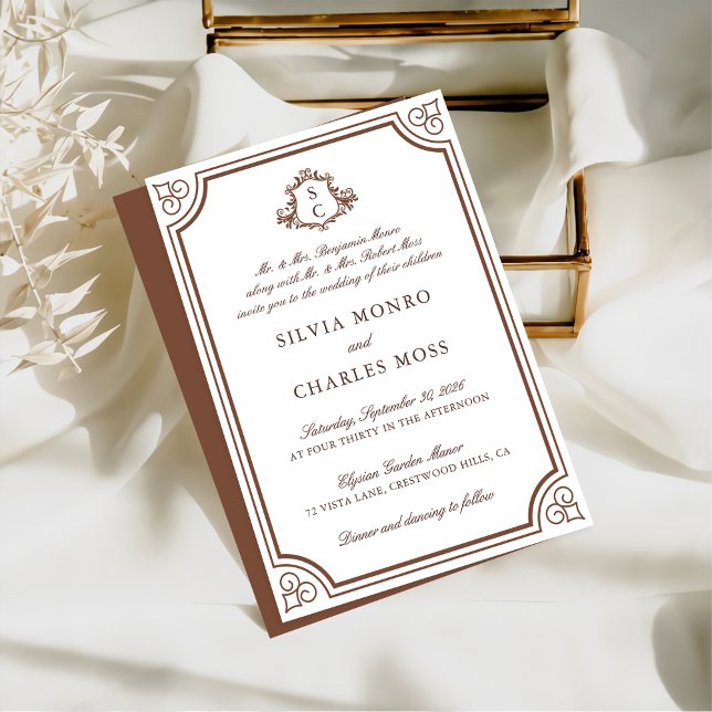 Elegant Brown & Ecru Crest Monogram Wedding Invitation (Creator Uploaded)