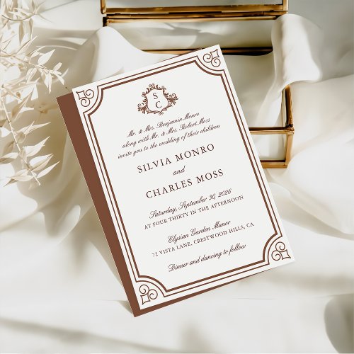 Elegant Brown  Ecru Crest Monogram Wedding Invitation