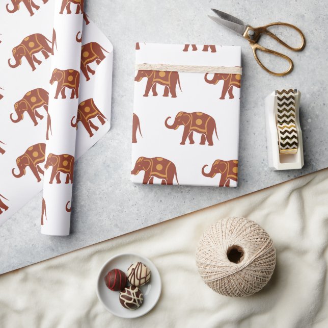 Elegant Brown Elephant Pattern White Wrapping Paper (Crafts)
