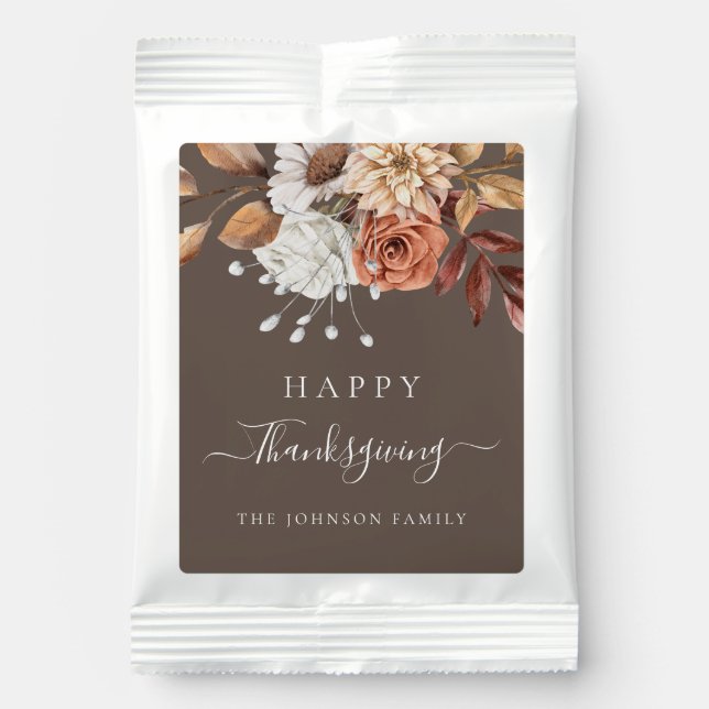 Elegant Brown Fall Floral Happy Thanksgiving  Hot Chocolate Drink Mix (Front)