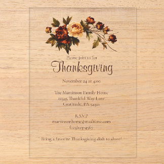 Elegant Brown Fall Flowers Thankgiving  Acrylic Invitations