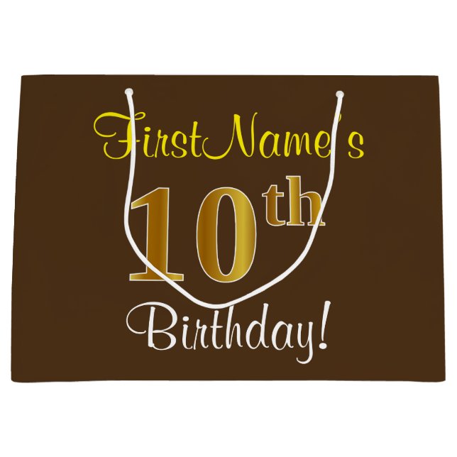 Elegant, Brown, Faux Gold 10th Birthday + Name Large Gift Bag (Front)