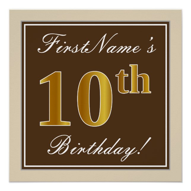 Elegant, Brown, Faux Gold 10th Birthday + Name Poster (Front)
