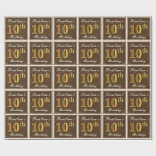 Elegant, Brown, Faux Gold 10th Birthday + Name Wrapping Paper