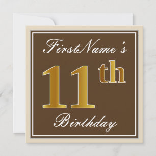 Elegant, Brown, Faux Gold 11th Birthday + Name Invitation