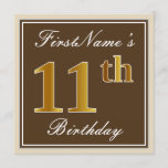 [ Thumbnail: Elegant, Brown, Faux Gold 11th Birthday + Name Invitation ]