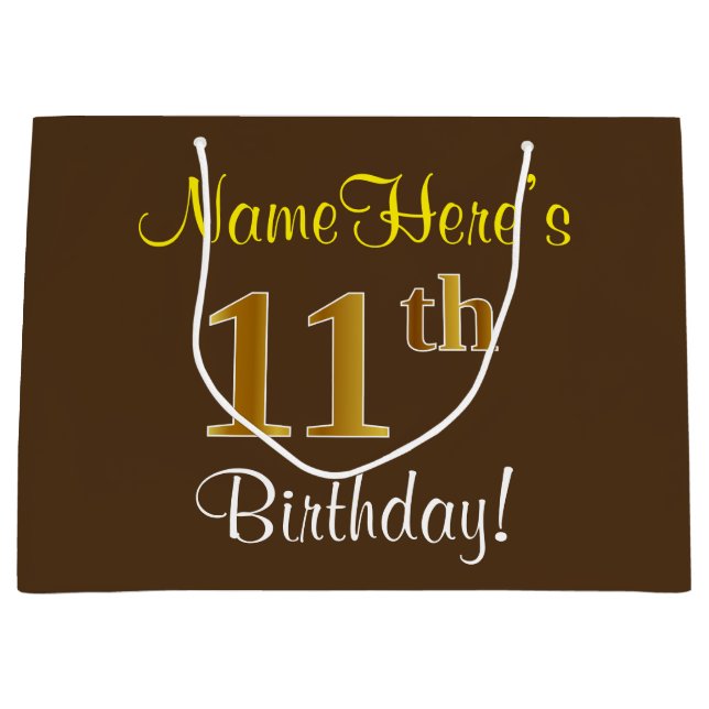 Elegant, Brown, Faux Gold 11th Birthday + Name Large Gift Bag (Front)