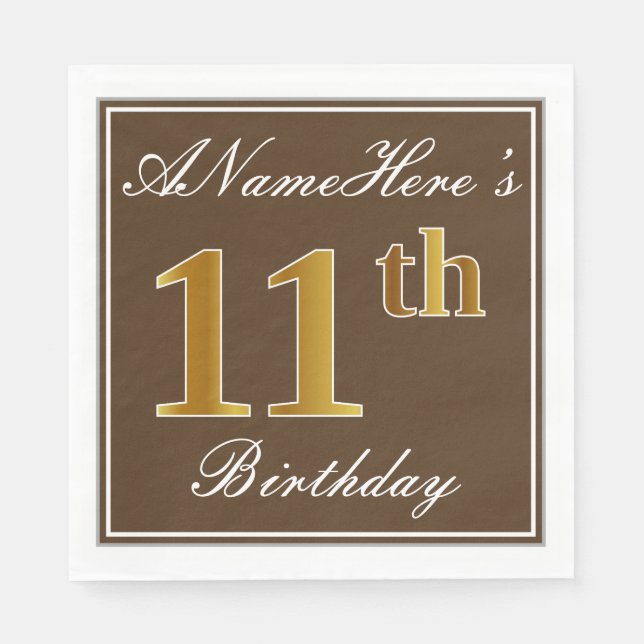 Elegant Brown, Faux Gold 11th Birthday + Name Paper Napkins (Front)
