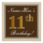[ Thumbnail: Elegant, Brown, Faux Gold 11th Birthday + Name Poster ]