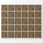 [ Thumbnail: Elegant, Brown, Faux Gold 11th Birthday + Name Wrapping Paper ]