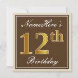 [ Thumbnail: Elegant, Brown, Faux Gold 12th Birthday + Name Invitation ]