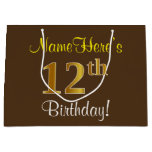 [ Thumbnail: Elegant, Brown, Faux Gold 12th Birthday + Name Gift Bag ]