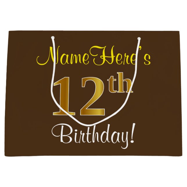 Elegant, Brown, Faux Gold 12th Birthday + Name Large Gift Bag (Front)