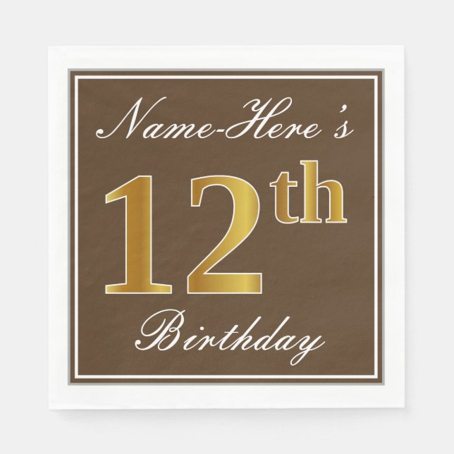 Elegant Brown, Faux Gold 12th Birthday + Name Napkins (Front)