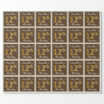 [ Thumbnail: Elegant, Brown, Faux Gold 12th Birthday + Name Wrapping Paper ]