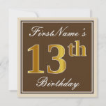 [ Thumbnail: Elegant, Brown, Faux Gold 13th Birthday + Name Invitation ]