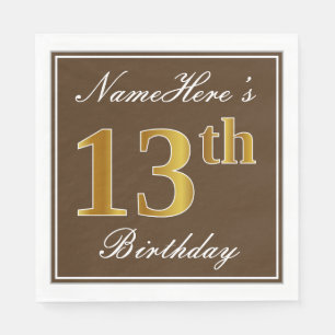 Elegant Brown, Faux Gold 13th Birthday + Name Napkins